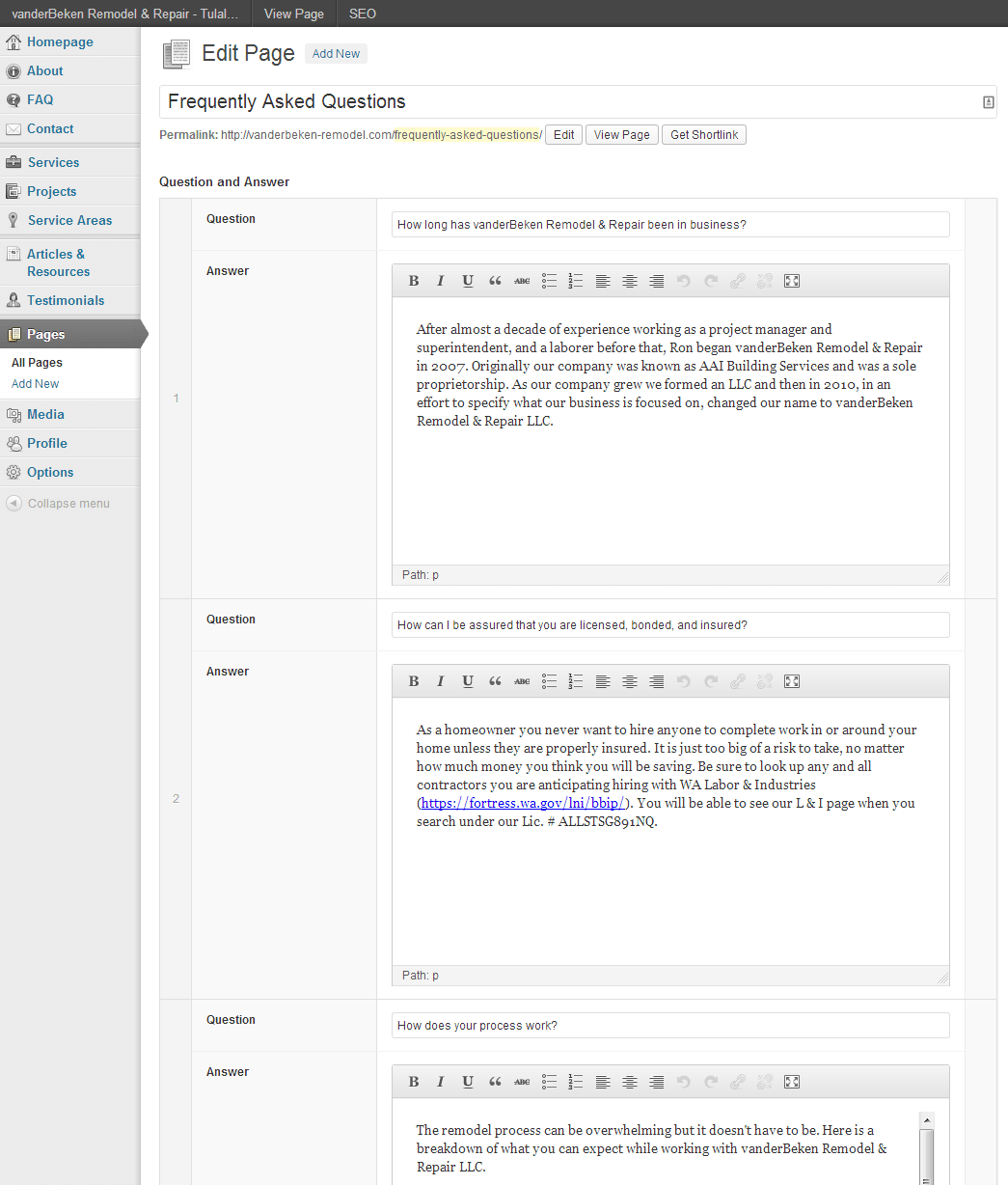 The FAQ edit page that we customized