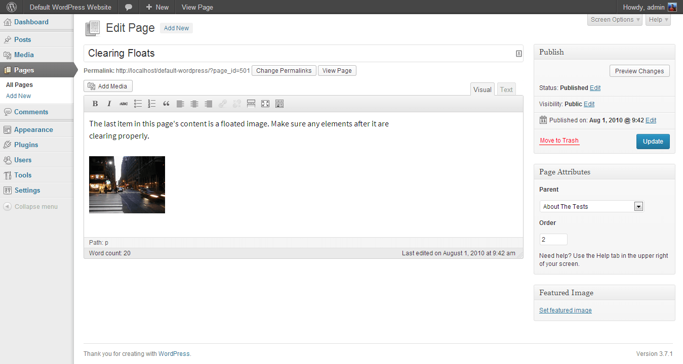 General Edit Page on a Standard WordPress Website