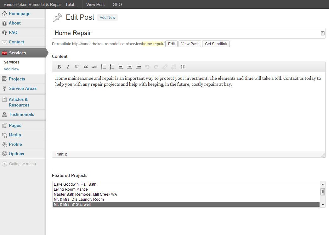 The Services custom edit page